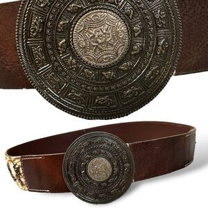Chico’s Bohemian Medallion Beaded Brown Leather Belt Small 38.5” Coastal Boho